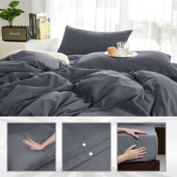 Ameha Plain Dyed Duvet Cover Complete Set With Matching Fitted Sheet & Pillowcase Microfiber Single Charcoal - thumbnail 6