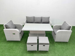 Fimous Pe Rattan Garden Furniture Set Reclining Chair Sofa Lounge Sofa Set Adjustable Lifting Table 2 Small Stools Light Grey - thumbnail 2