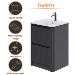 Plum&clay Isla Ribbed Fluted Grey 2 Drawer Freestanding Bathroom Vanity Unit & White Basin Set (W)600mm - thumbnail 6