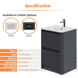 Plum&clay Isla Ribbed Fluted Grey 2 Drawer Freestanding Bathroom Vanity Unit & White Basin Set (W)600mm - thumbnail 5