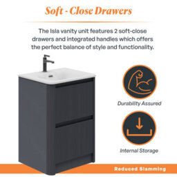 Plum&clay Isla Ribbed Fluted Grey 2 Drawer Freestanding Bathroom Vanity Unit & White Basin Set (W)600mm - thumbnail 4