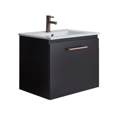 Homestylestore 600mm Black Grey Wall Hung Bathroom Vanity Unit And Copper T Bar Handle - image 1