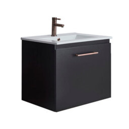 Homestylestore 600mm Black Grey Wall Hung Bathroom Vanity Unit And Copper T Bar Handle
