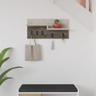 Decortie Harmon Modern Wall Mounted Coat Hanger With Open Shelf Gold Marble Dark Coffee 5 Black Metal Hooks - image 1