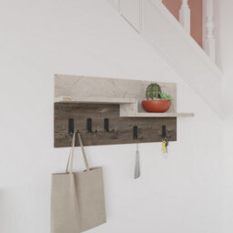 Decortie Harmon Modern Wall Mounted Coat Hanger With Open Shelf Gold Marble Dark Coffee 5 Black Metal Hooks - thumbnail 4