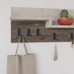Decortie Harmon Modern Wall Mounted Coat Hanger With Open Shelf Gold Marble Dark Coffee 5 Black Metal Hooks - thumbnail 5