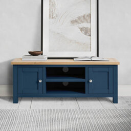 Farro Navy Blue 120Cm Large Tv Unit - Fully Assembled - Painted With Oak Top By Roseland Furniture - thumbnail 2