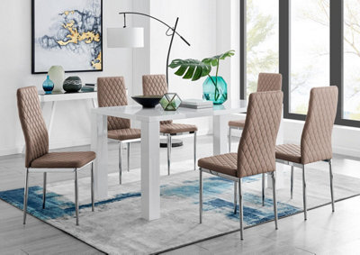 Furniturebox Uk Pivero White High Gloss Dining Table And 6 Cappuccino Beige Milan Chairs Set - image 1