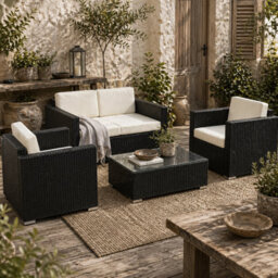 Wyld Haus Elrolo 4-Seater Black Rattan Outdoor Sofa Set With White Cushions And Rectangular Tempered Glass Coffee Table