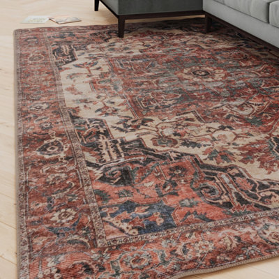 Loomed Oriental Design Cotton Chenille Rug Rust Navy Cream Machine Washable 120Cm X 170Cm - image 1