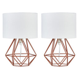 Valuelights Angus Pair Of Angus Small Copper Metal Basket Cage Table Lamps With White Fabric Shades - thumbnail 1