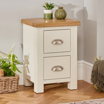 The Furniture Market Cotswold Cream Painted Slim 2 Drawer Bedside Table Compact Storage Solution With Natural Oak Top, Perfect For Bedroom Living Room - image 1