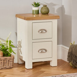 The Furniture Market Cotswold Cream Painted Slim 2 Drawer Bedside Table Compact Storage Solution With Natural Oak Top, Perfect For Bedroom Living Room