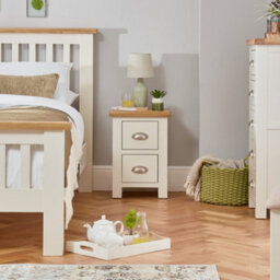 The Furniture Market Cotswold Cream Painted Slim 2 Drawer Bedside Table Compact Storage Solution With Natural Oak Top, Perfect For Bedroom Living Room - thumbnail 2