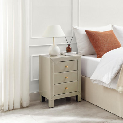 Furniturebox Uk Lexi Large Slimline Taupe 3 Drawer Mirrored Bedside Table - image 1