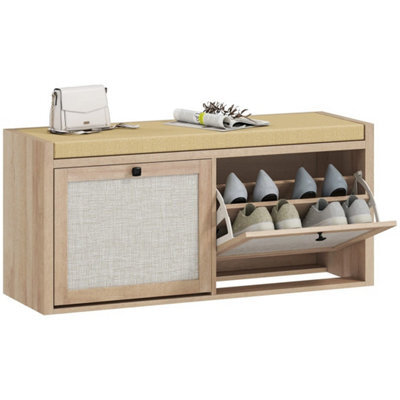 Rattan Shoe Bench With Padded Cushion And 2 Cabinets Oak - image 1