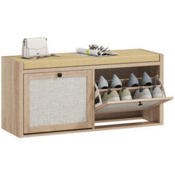 Rattan Shoe Bench With Padded Cushion And 2 Cabinets Oak - thumbnail 1