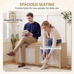 Rattan Shoe Bench With Padded Cushion And 2 Cabinets Oak - thumbnail 4