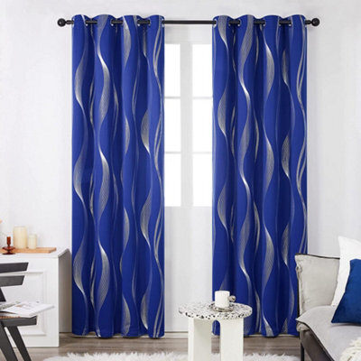 Deconovo Blue Curtains Silver Wave Line Foil Printed Blackout Curtains Thermal Curtains Eyelet Curtains 46 X 72 Inch Blue 2 Panels - image 1