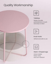 Songmics Vasagle End Table, Round Side Table With Fabric Basket For Extra Storage, Modern, Pastel Pink And Cloud White - thumbnail 4