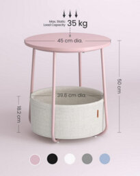 Songmics Vasagle End Table, Round Side Table With Fabric Basket For Extra Storage, Modern, Pastel Pink And Cloud White - thumbnail 2