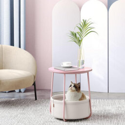 Songmics Vasagle End Table, Round Side Table With Fabric Basket For Extra Storage, Modern, Pastel Pink And Cloud White