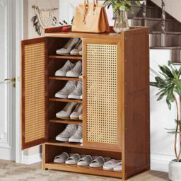 6 Tire Shoe Cabinet, Storage Cupboard Footwear Stand Rack Wooden Double Rattan Doors - thumbnail 3