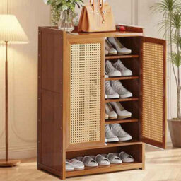 6 Tire Shoe Cabinet, Storage Cupboard Footwear Stand Rack Wooden Double Rattan Doors