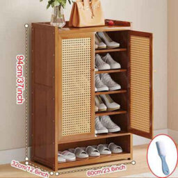 6 Tire Shoe Cabinet, Storage Cupboard Footwear Stand Rack Wooden Double Rattan Doors - thumbnail 2