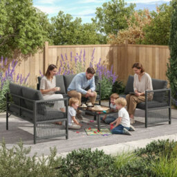 Btm 5-6 Seater Garden Lounge Set, Rope Corner Sofa, Tempered Glass Table, Weatherproof, Grey - thumbnail 8