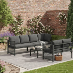 Btm 5-6 Seater Garden Lounge Set, Rope Corner Sofa, Tempered Glass Table, Weatherproof, Grey - thumbnail 5