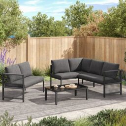 Btm 5-6 Seater Garden Lounge Set, Rope Corner Sofa, Tempered Glass Table, Weatherproof, Grey - thumbnail 1