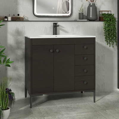 Royal Bathrooms Verona 800mm Walnut Woodgrain Floor Standing Bathroom Vanity Unit 2 Door, 4 Drawer Cabinet With Ceramic Basin & Matt Black Knob - image 1