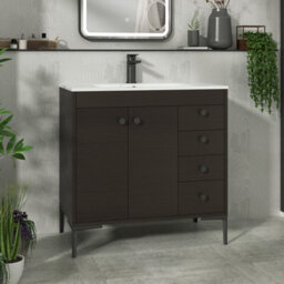 Royal Bathrooms Verona 800mm Walnut Woodgrain Floor Standing Bathroom Vanity Unit 2 Door, 4 Drawer Cabinet With Ceramic Basin & Matt Black Knob - thumbnail 1