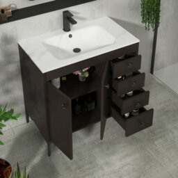 Royal Bathrooms Verona 800mm Walnut Woodgrain Floor Standing Bathroom Vanity Unit 2 Door, 4 Drawer Cabinet With Ceramic Basin & Matt Black Knob - thumbnail 6