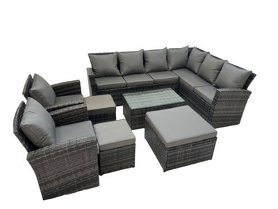 Fimous Rattan Garden Outdoor Furniture Set 11 Seater Garden Sofa Coffee Table Set With Chair 3 Footstools Dark Grey Mixed - image 1