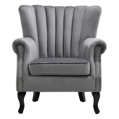 Wingback Fireside Velvet Fabric Armchair Retro Rivets Sofa Lounge Tub Chair Grey - image 1