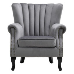 Wingback Fireside Velvet Fabric Armchair Retro Rivets Sofa Lounge Tub Chair Grey - thumbnail 1