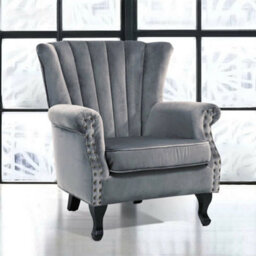 Wingback Fireside Velvet Fabric Armchair Retro Rivets Sofa Lounge Tub Chair Grey - thumbnail 5