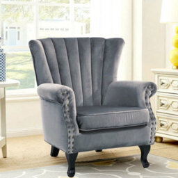 Wingback Fireside Velvet Fabric Armchair Retro Rivets Sofa Lounge Tub Chair Grey - thumbnail 3
