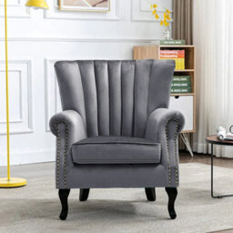 Wingback Fireside Velvet Fabric Armchair Retro Rivets Sofa Lounge Tub Chair Grey - thumbnail 4