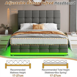 Abrihome Ottoman 4Ft6 Double Bed With Led Lighting, Pu Leather Upholstered Bed With Hydraulic Storage, Grey (No Mattress) - thumbnail 5