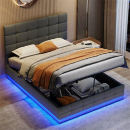 Abrihome Ottoman 4Ft6 Double Bed With Led Lighting, Pu Leather Upholstered Bed With Hydraulic Storage, Grey (No Mattress) - thumbnail 1