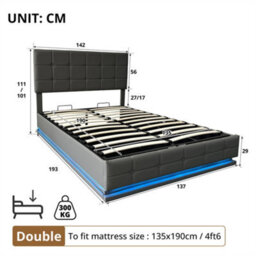 Abrihome Ottoman 4Ft6 Double Bed With Led Lighting, Pu Leather Upholstered Bed With Hydraulic Storage, Grey (No Mattress) - thumbnail 8