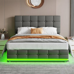 Abrihome Ottoman 4Ft6 Double Bed With Led Lighting, Pu Leather Upholstered Bed With Hydraulic Storage, Grey (No Mattress) - thumbnail 9