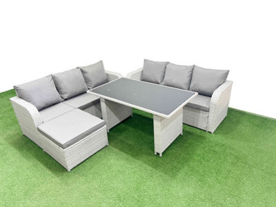Fimous 7 Seater Rattan Outdoor Dining Table 3 Seater Sofa Set With Big Stool Light Grey - image 1