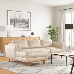 Valencia Artisan Top Grain Leather Three Seats With Left Chaise Sofa Beige Alder Wood Legs And Frame - thumbnail 2