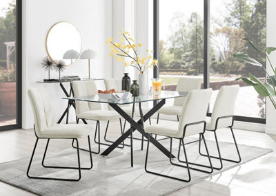 Furniturebox Uk Leonardo Black Leg Glass Dining Table & 6 Cream Halle Chairs - image 1