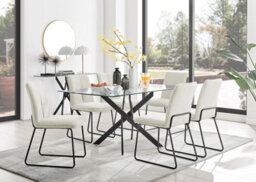 Furniturebox Uk Leonardo Black Leg Glass Dining Table & 6 Cream Halle Chairs - thumbnail 1