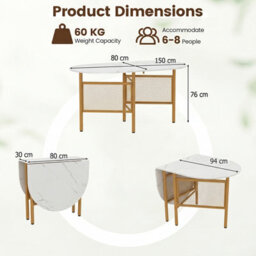 Gainoom 150 Cm Folding Dining Table For 6-8 People Kitchen Table With Golden Metal Legs & Marble-Finished Tabletop - thumbnail 2